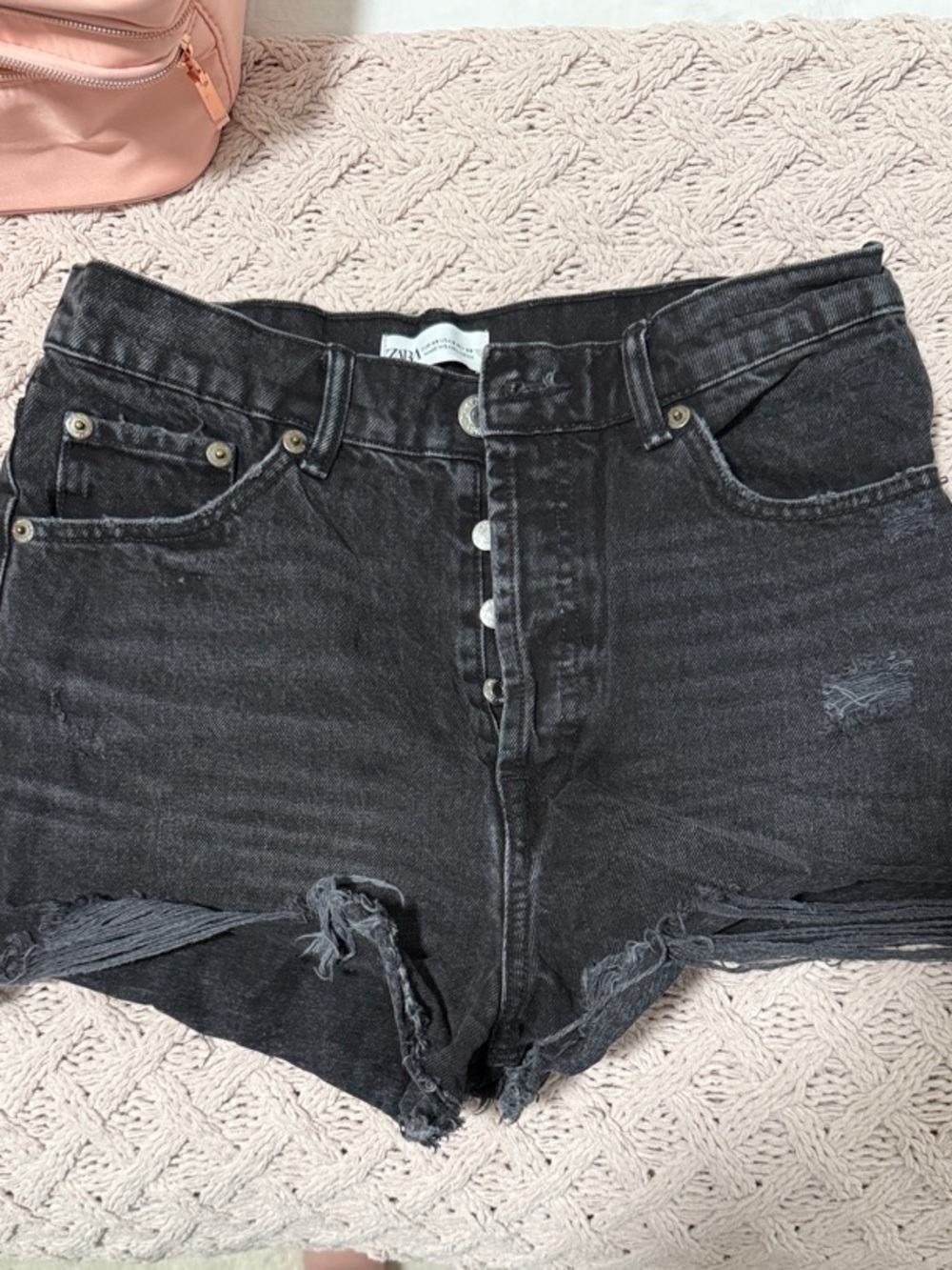 Zara Black Distressed High-Rise Denim Shorts